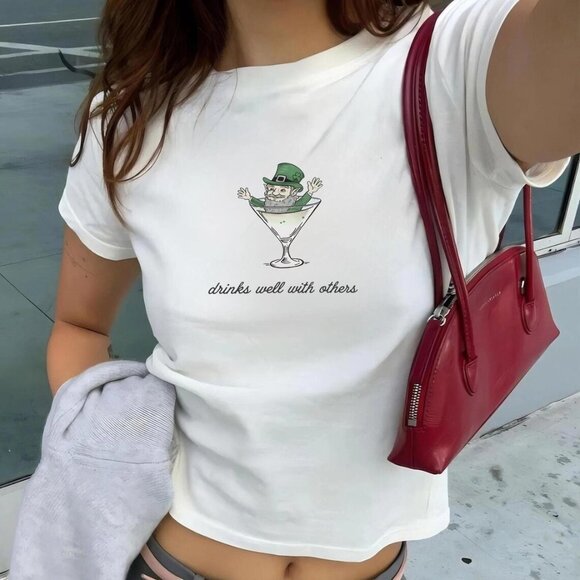 Tops - Leprechaun Martini Cocktail Drinks Well With Others Baby Tee for Women shirt